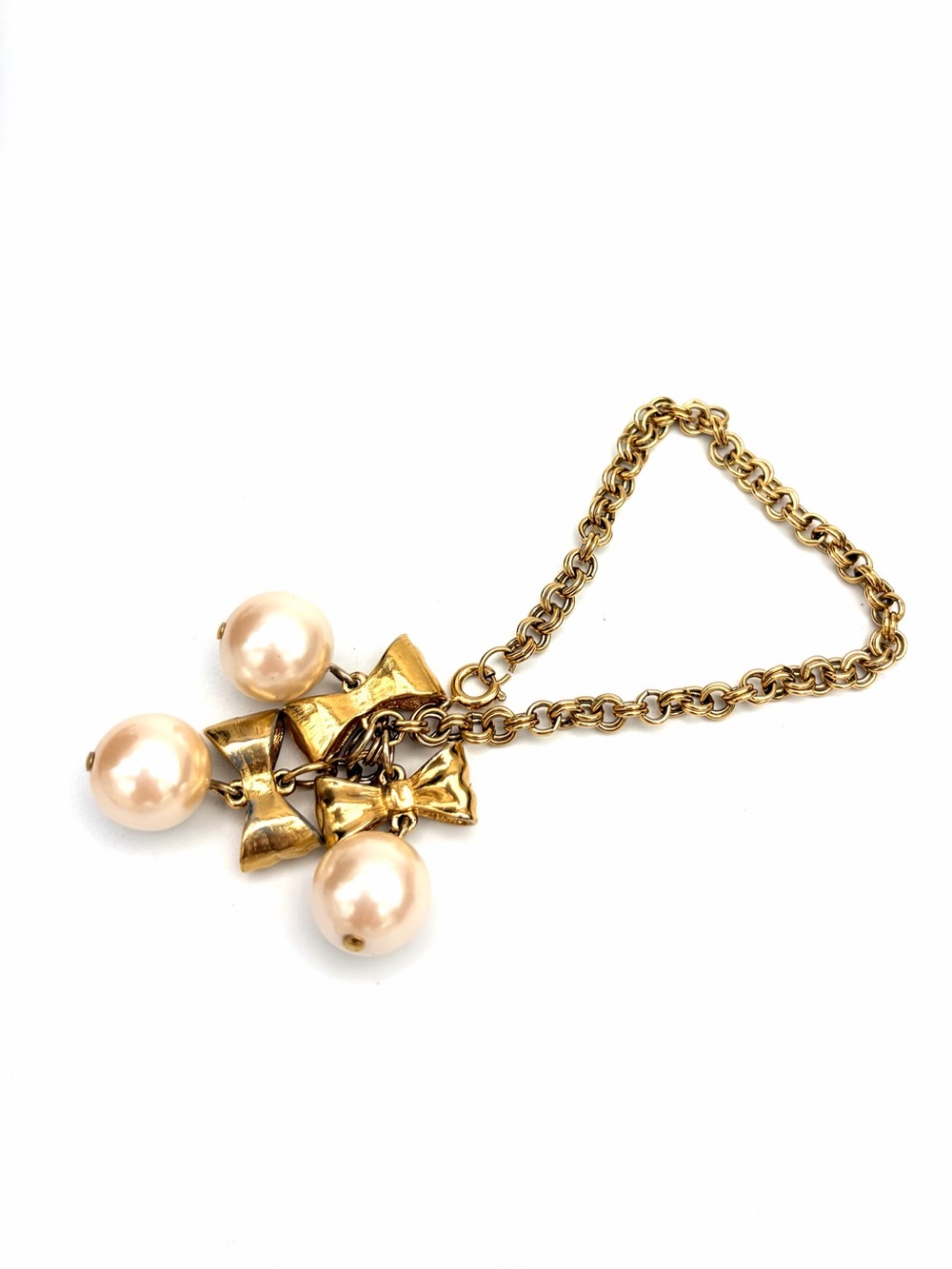 Vintage 24k Gold Plated Bow & Pearl Charm Bracelet